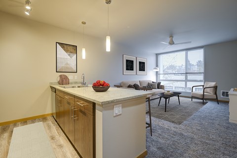 a living room and kitchen with a couch and a table